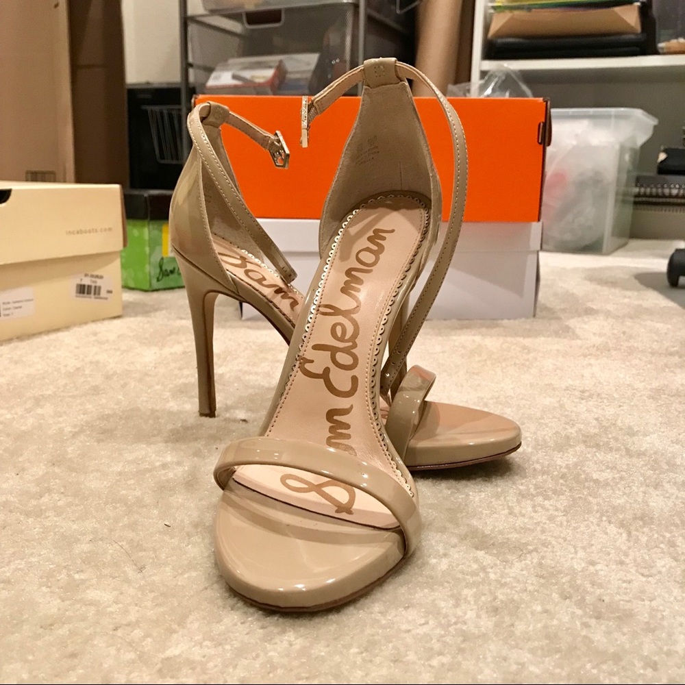 Sam Edelman Nude Patent Leather Ankle-Strap Stiletto Heels